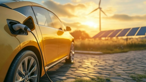 Electric vehicle charging beside solar panels and wind turbines during sunset