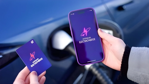 Hands holding an Octopus Electroverse card and smartphone app at an EV charging point